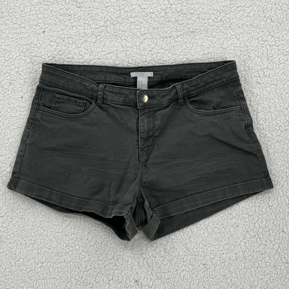 HM Jean Shorts Women Size 10 Green Cuffed Stretch Denim Cotton Hot Pants